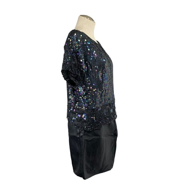 Vintage Sequin Embellished Silk Short Sleeve Blouse - Black, Size Large - Picture 7 of 7